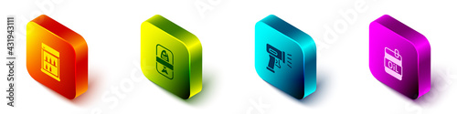 Set Isometric Commercial refrigerator, Fish plastic tray container, Scanner scanning bar code and Bottle of olive oil icon. Vector