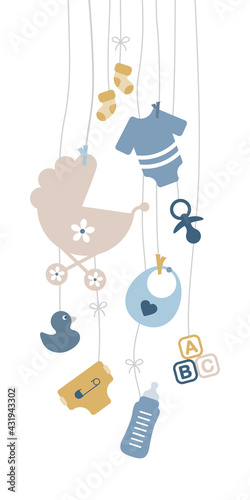 Neun Hängende Babysymbole Junge Retroblau Senfgelb