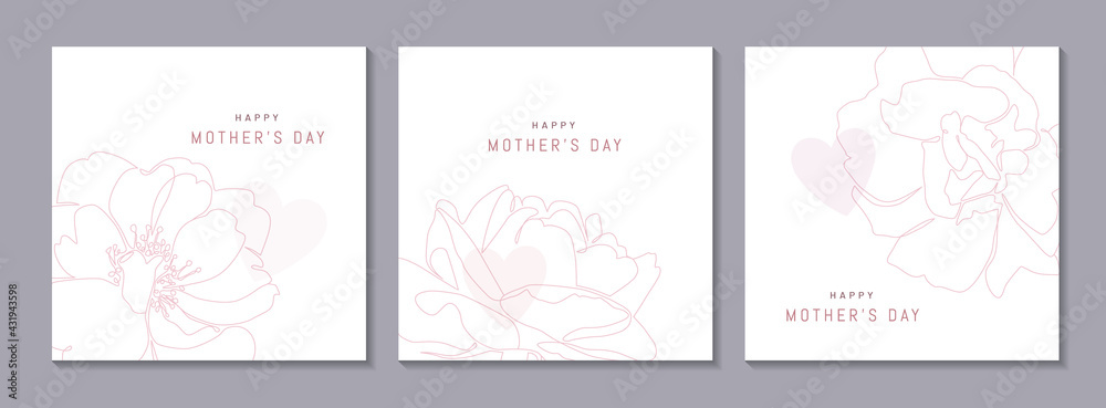 Mother's day greeting card concept. Set of beautiful floral banners with one line flowers in minimalist style. Continuous line rose vector illustration