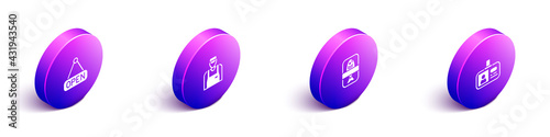 Set Isometric Hanging sign with Open, Seller, Fish plastic tray container and Identification badge icon. Vector