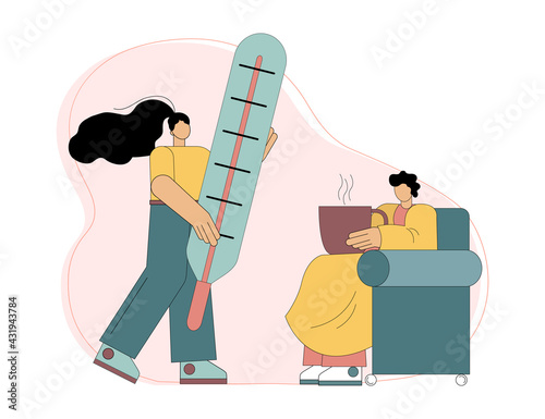 Flu and Sickness Concept. Sick leave. Stay at home. A sick man sits in a chair with a cup of hot drink wrapped in a blanket. A woman holds a thermometer in her hands.