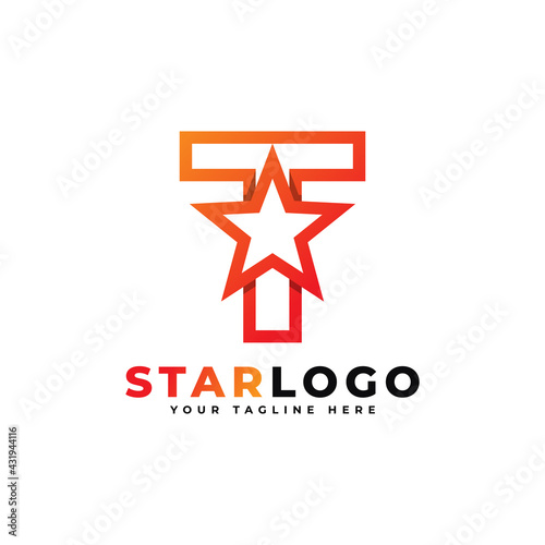 Letter T star logo Linear Style  Orange Color. Usable for Winner  Award and Premium Logos.
