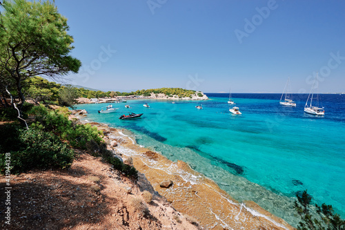 Fototapeta Naklejka Na Ścianę i Meble -  Beautiful landscape with blue lagoon and beach. Moni Eginas Island, Saronic gulf, Greece . A famous tourist destination.