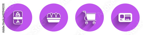 Set Fish plastic tray container, Chicken egg box, Shopping cart and Identification badge icon with long shadow. Vector