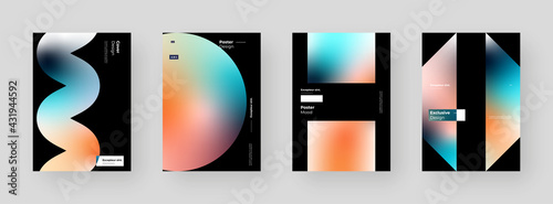 Abstract set Placards, Posters, Flyers, Banner Designs. Colorful gradient on vertical A4 format. Glass effect. Decorative neumorphism backdrop. Gradient glassmorphism shapes on black background