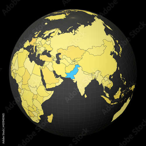 Pakistan on dark globe with yellow world map. Country highlighted with blue color. Satellite world projection centered to Pakistan. Classy vector illustration.
