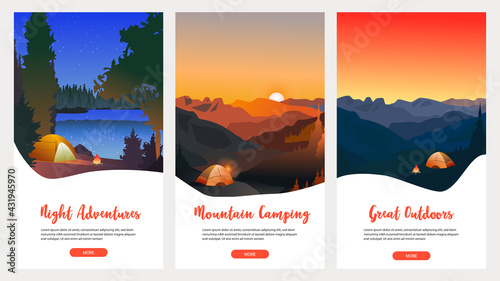 Collection of mountain and river landscapes for banner, web site, social media. Editable vector illustration with summer camping, overnight near to bonfire in tent