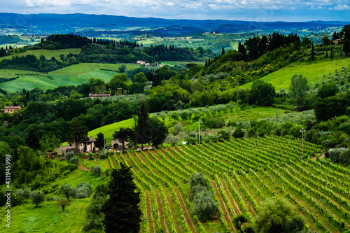 Beautiful general view of a valley in Italian Tuscany. Land for cultivation of vineyards.