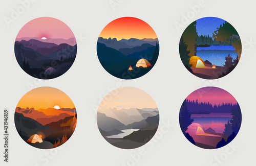 Collection of mountain and river camping landscapes in circle. Hiking overnight, sunset in forest, tent and fire. Editable vector illustration background