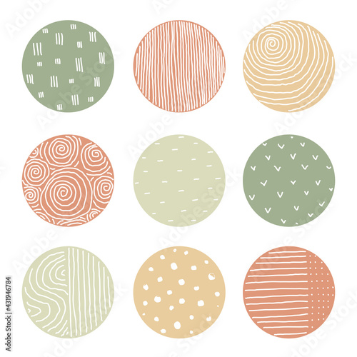Set of round Abstract colorful Backgrounds or Patterns. Highlight cover set. Hand drawn doodle shapes. Spots, drops, curves, Lines. Contemporary modern trendy Vector illustration. Social media Icons t