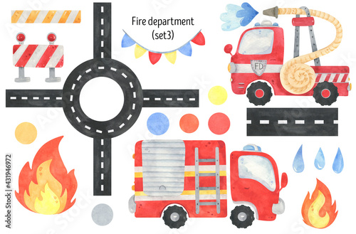 Watercolor Fire Department and Fire truck.  Fire equipment, funny cars illustration. Red truck, fire truck, road, fire, garland, attention. For design invitations, poster, nursery clipart