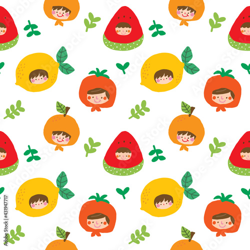 Fototapeta Naklejka Na Ścianę i Meble -  Seamless Pattern with Cartoon Girl Face and Fruit Design on White Background