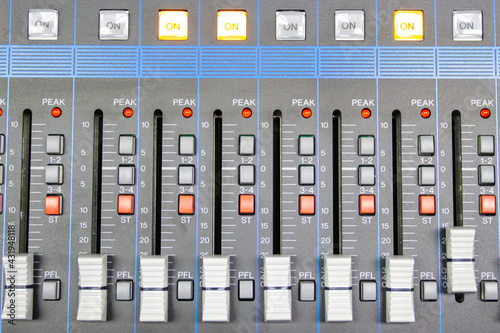 Audio control buttons Sound Control Hi Fi system The audio equipment, control panel of digital studio mixer