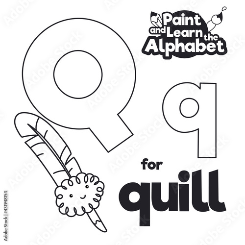 Didactic Alphabet to Color it, with Letter Q and Quill, Vector Illustration