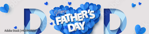 Happy Fathers Day banner. Holiday background with big heart made of blue Origami Hearts on light background with paper cut Dad text. Design template for fashion ads, flyer, poster, header for website