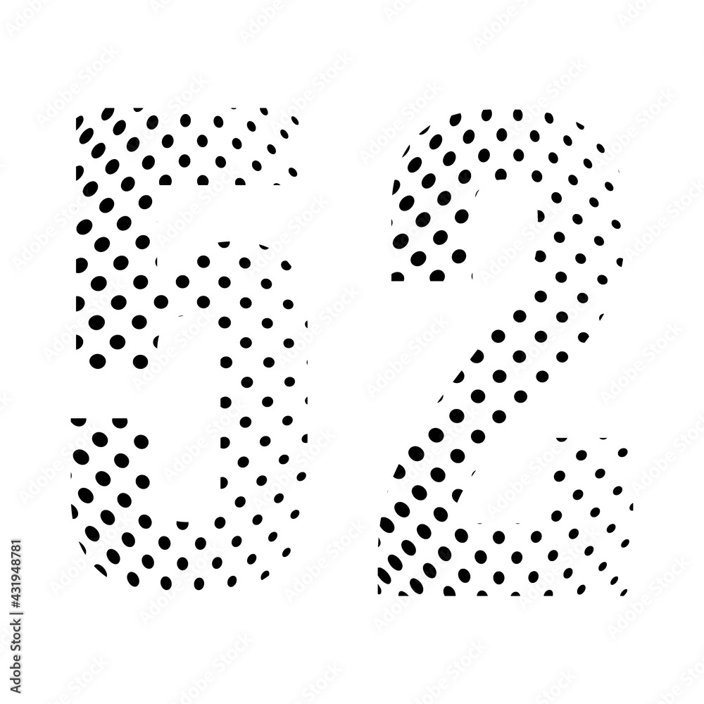 Number Fifty-two, 52 in halftone. Dotted illustration isolated on a white background. Vector illustration.