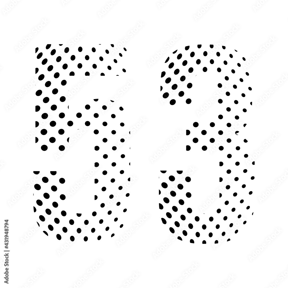 Number Fifty-three, 53 in halftone. Dotted illustration isolated on a white background. Vector illustration.