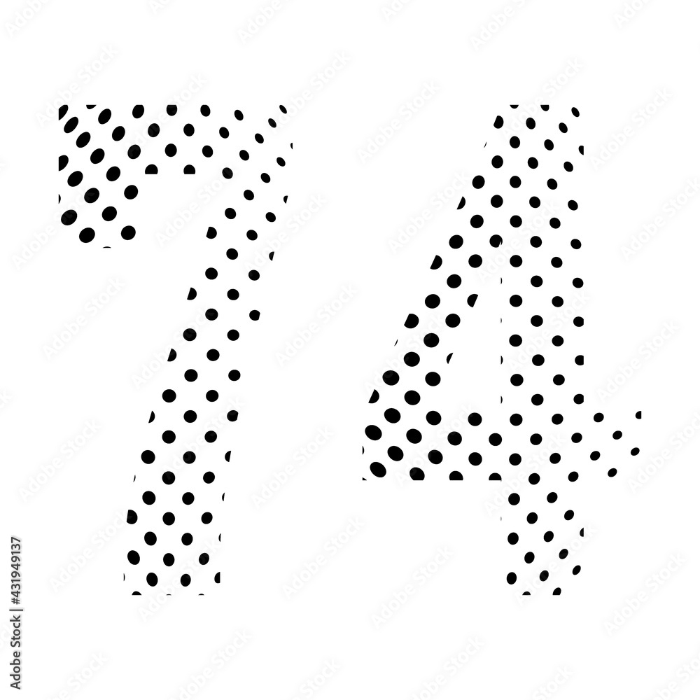 Number Seventy-four, 74 in halftone. Dotted illustration isolated on a white background. Vector illustration. Number Seventy-four, 74 in halftone. Dotted illustration isolated on a white background. Vector illustration.