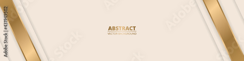 Luxury light yellow pastel abstract wide background with golden lines and shadows. Modern light horizontal banner with golden glitter lines. Futuristic abstract backdrop. Vector illustration EPS 10.