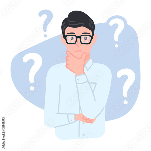 Confused businessman is thinking with crossed arm. Question mark. Musing employee. Office worker