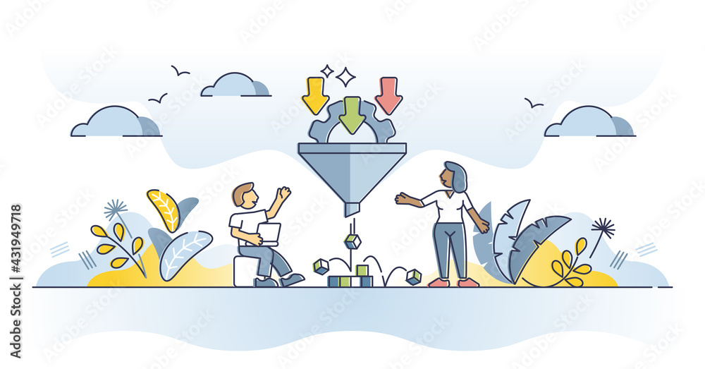 Data filter funnel for information sorting and optimization outline concept. Quality info flow results selection and processing vector illustration. Digital communication stream content censorship. - obrazy, fototapety, plakaty 