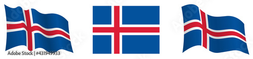 Iceland flag in static position and in motion, fluttering in wind in exact colors and sizes. Vector on white background