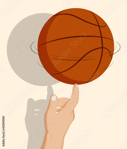 man hand of athlete spins basketball ball on index finger. Team sports. Tricks. Active lifestyle. Cartoon vector © RNko