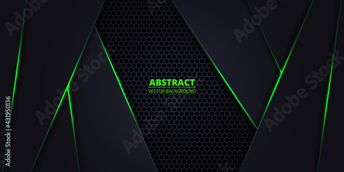 Dark abstract vector background with hexagon carbon fiber. Technology background with honeycomb grid and green luminous lines. Futuristic luxury modern backdrop.