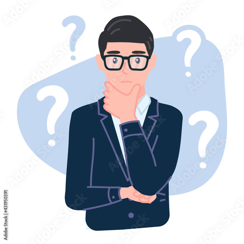 Confused businessman is thinking with crossed arm. Question mark. Musing employee. Office worker
