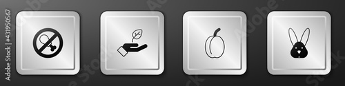 Set No meat, Plant in hand, Plum fruit and Animal cruelty free icon. Silver square button. Vector