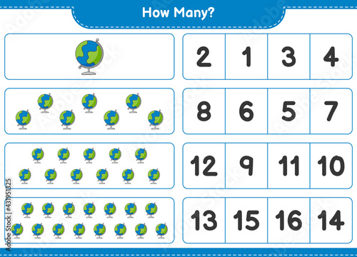 Counting game, how many Globe. Educational children game, printable worksheet, vector illustration