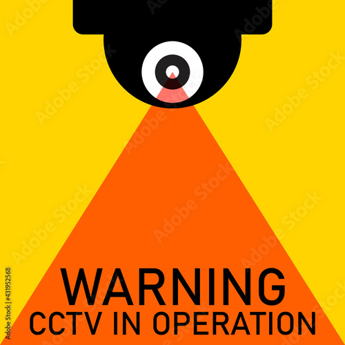 Cctv in operation warning sign. Security video round camera surveillance. Vector clipart and drawing. Black silhouette on yellow background. 