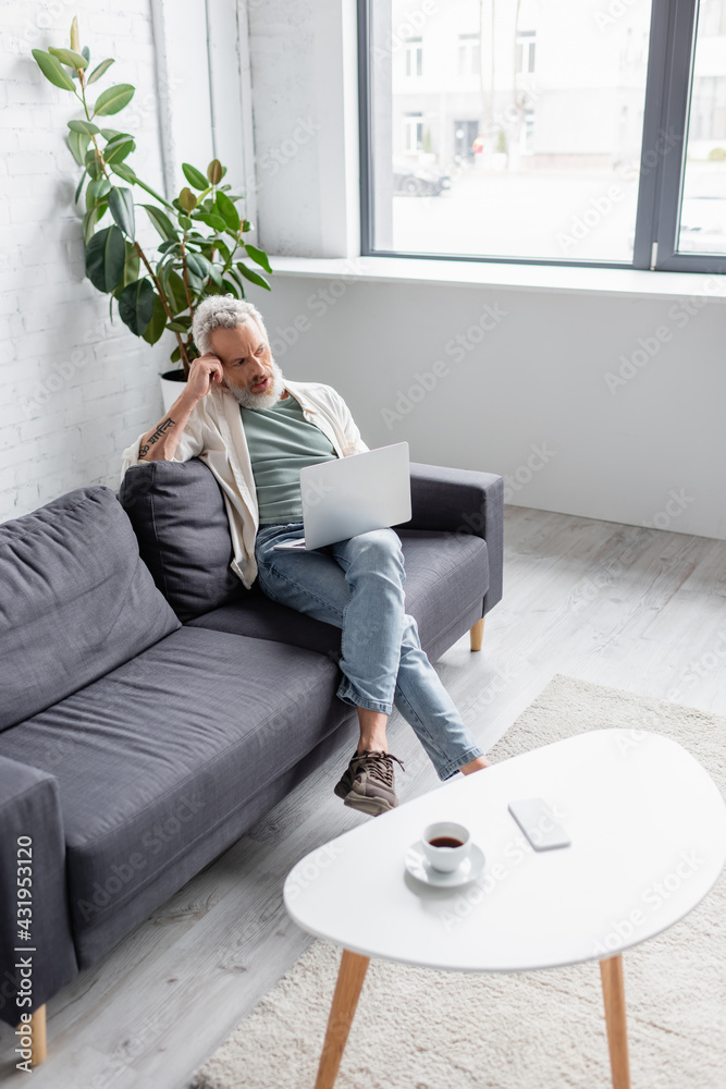 man with grey hair sitting on couch and using laptop in living room. - obrazy, fototapety, plakaty 