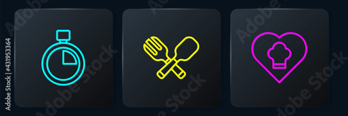 Set line Stopwatch, Chef hat and Crossed fork and spoon. Black square button. Vector