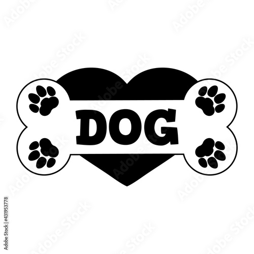 Dog name plate logo for dog house. Bone, paws and heart. Clipart and drawing. Vector illustration on white background.