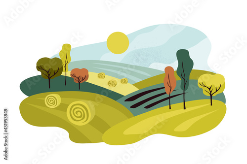 Agricultural field landscape. Harvest season vector illustration. Rustic outdoor scenery. Autumn nature, farm cultivated land. Panoramic countryside scene with hay rolls and trees. Isolated background