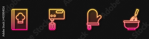 Set line Oven glove, Cookbook, Electric mixer and Kitchen whisk with bowl. Glowing neon icon. Vector