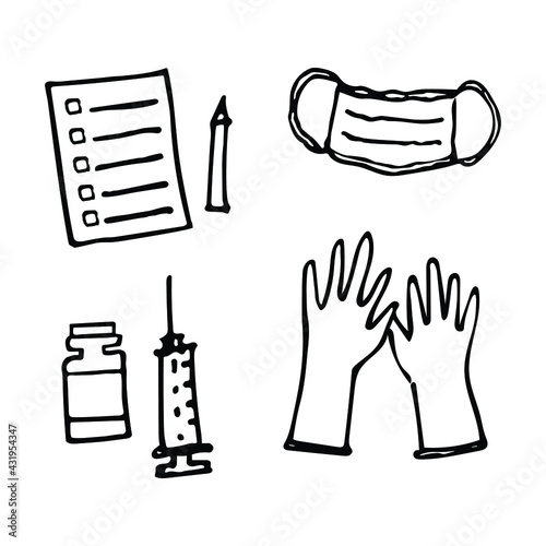 Doodle art of medical tools set. Graphic elements for hygiene concept.