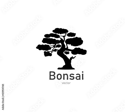 Japanese bonsai tree. Black logo, tree icon. Bonsai silhouette vector illustration on isolated white background. Ecology, nature, bio concept. Design template. Text can be replaced