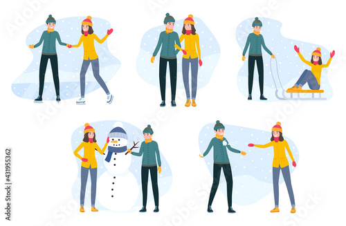 Young couple winter activities. Ice Skating, Walking, Sledding, build a Snowman, Playing snowballs