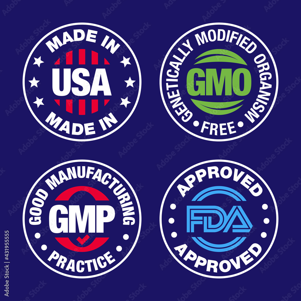 Four product badges, made in USA, GMO free, Good manufacturing practice, approved