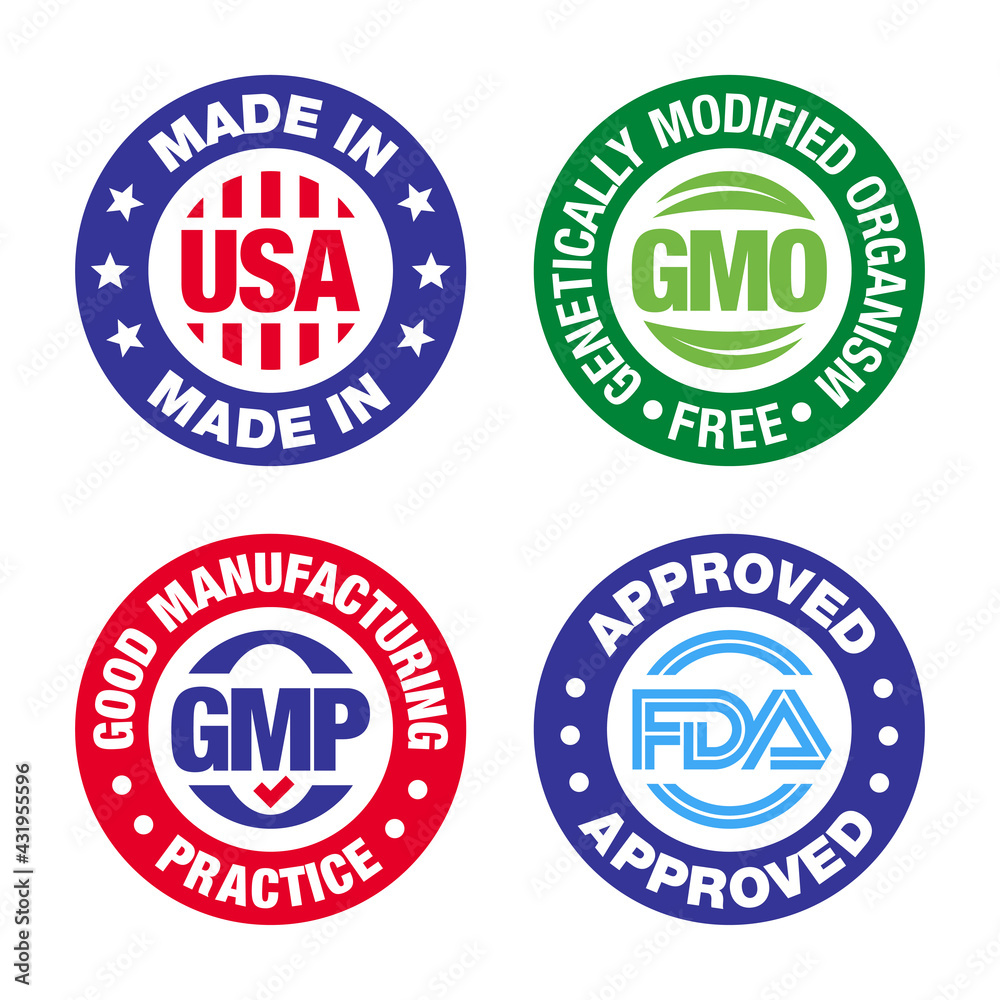 Four product badges, made in USA, GMO free, Good manufacturing practice, approved