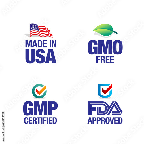 Four product badges, made in USA, GMO free, Good manufacturing practice, approved