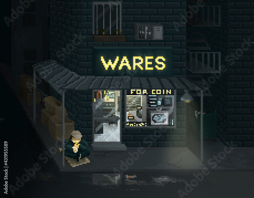 Pixel art style gadget store in a dark alley