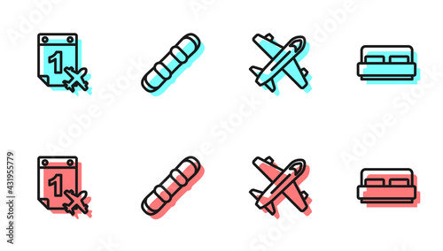 Set line Plane, Calendar and airplane, Snowboard and Hotel room bed icon. Vector