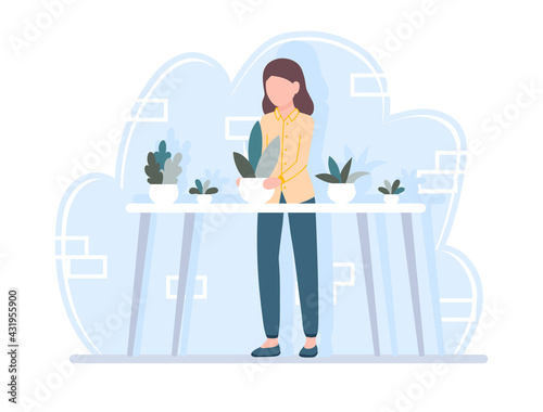 Woman Gardening cares for potted plants, flowers. Doing home winter garden job. Hobby growing
