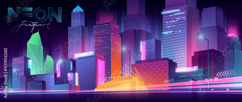 Futuristic night city. Cityscape on a dark background with bright and glowing neon purple and blue lights. Wide highway side view. Cyberpunk and retro wave style illustration