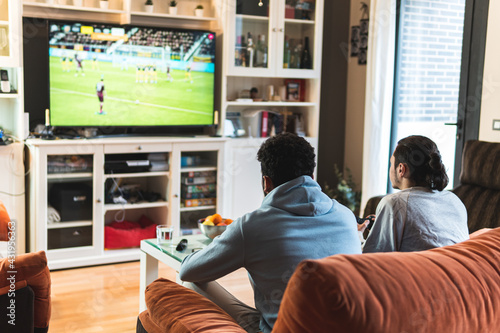 Young male friends playing soccer game on television in living room at home