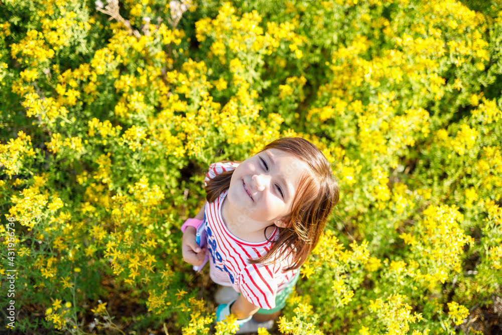 Smiling girl looking up while standing amidst meadow Smiling girl looking up while standing amidst meadow