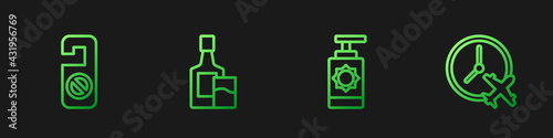 Set line Sunscreen spray bottle, Please do not disturb, Whiskey and glass and Clock with airplane. Gradient color icons. Vector